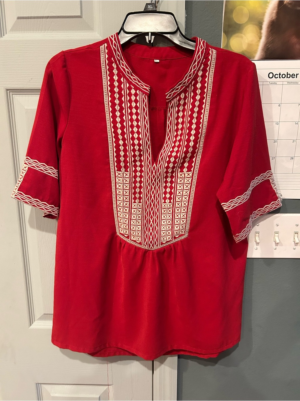 Women’s Embroidered peasant style Blouse dark red. Size L
